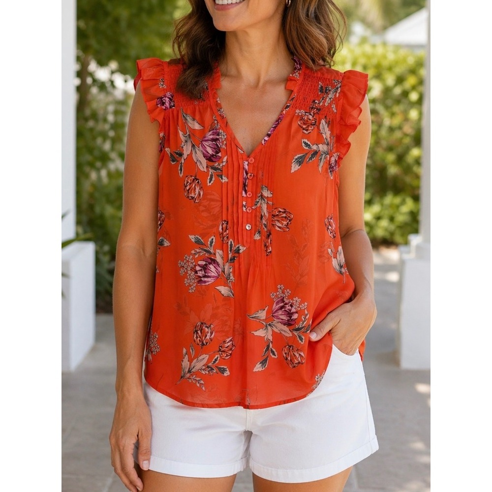 Daniel Rainn Womens Blouse Orange‎ Small Floral Ruffle Sleeveless Summer Casual